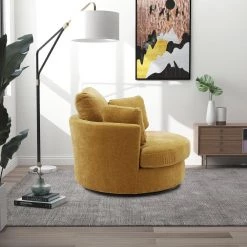 Tufted Swivel Barrel Chair, Circular Swivel Barrel Chair,360°Swivel Chair with 3 Pillow,Living Room Accent Chair,Mustard by ANBAZAR -ANBAZAR Sales yellow anbazar accent chairs wjz 091d a0 1000